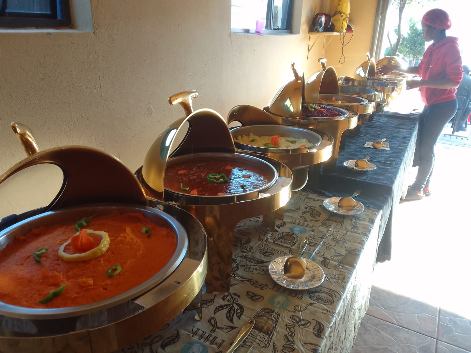 Catered buffet table set for guests