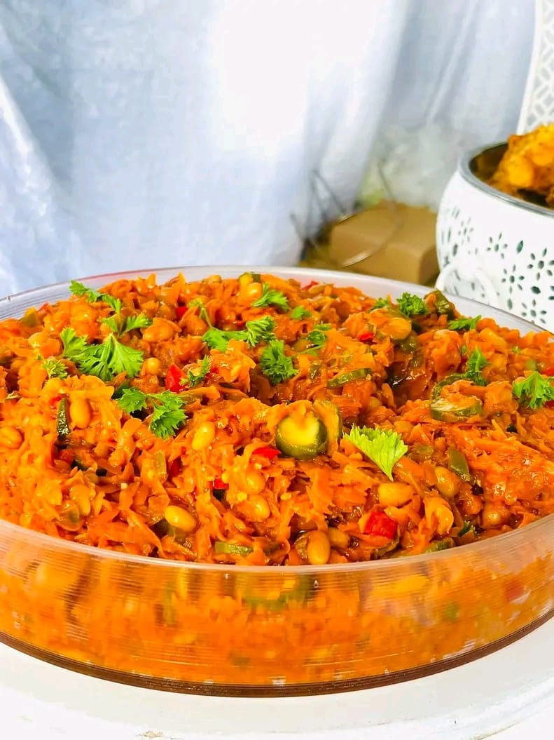 Bowl of homemade chakalaka with beans and peppers
